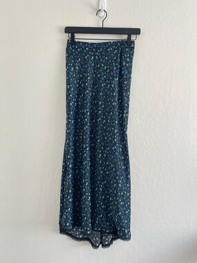 ZARA Maxi Satin Black Blue Floral Slip Skirt Lace Trim Whimsy Goth Womens Small